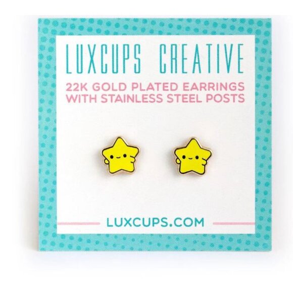 Cute Adorable Kawaii Smiling Star Earrings With 22K Gold Plated - Picture 4 of 4